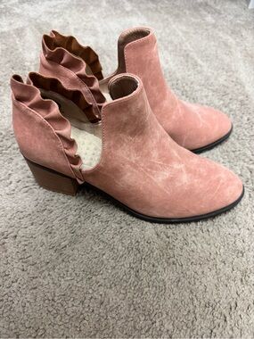 Suede Ruffle Ankle Booties - Blush Pink